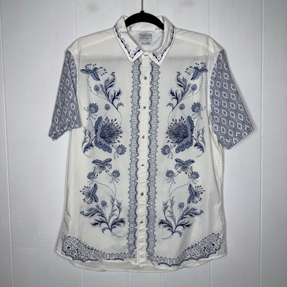 7Diamonds Men’s Floral Short Sleeve Button Down Shirt White Blue Size Large - Picture 1 of 5